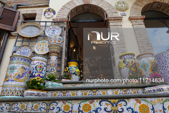 Ceramic decorated objects are displayed outside a shop in Deruta, Italy, on October 22nd, 2024. Deruta is the city par excellence of the art...