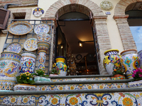 Ceramic decorated objects are displayed outside a shop in Deruta, Italy, on October 22nd, 2024. Deruta is the city par excellence of the art...