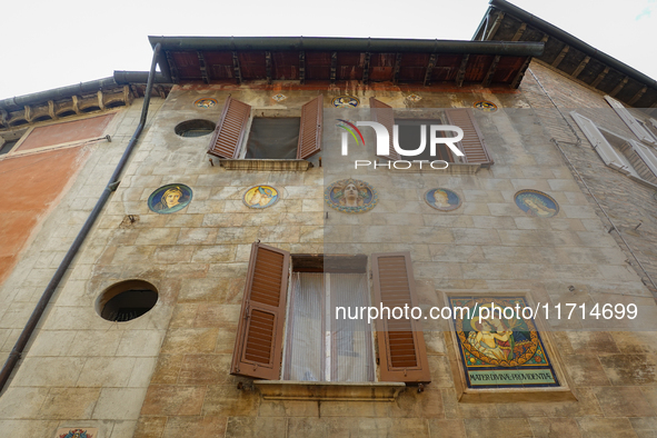 Ceramic decorated objects on the facade of a building are seen in Deruta, Italy, on October 22nd, 2024. Deruta is the city par excellence of...