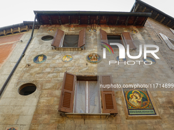 Ceramic decorated objects on the facade of a building are seen in Deruta, Italy, on October 22nd, 2024. Deruta is the city par excellence of...