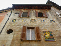 Ceramic decorated objects on the facade of a building are seen in Deruta, Italy, on October 22nd, 2024. Deruta is the city par excellence of...