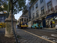 A tram moves through one of the streets of the Baixa district in Lisbon, Portugal, on October 27, 2024. (