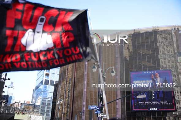 Demonstrators gather outside of Madison Square Garden in New York, New York on October 27, 2024 as Donald Trump holds a campaign rally insid...