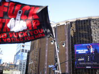 Demonstrators gather outside of Madison Square Garden in New York, New York on October 27, 2024 as Donald Trump holds a campaign rally insid...