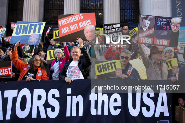 Demonstrators protest against Donald Trump outside of Madison Square Garden in New York, New York on October 27, 2024 as the former Presiden...