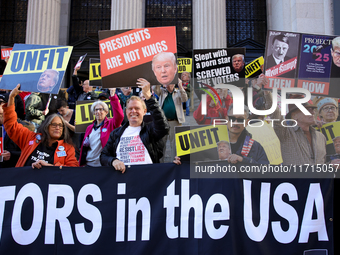 Demonstrators protest against Donald Trump outside of Madison Square Garden in New York, New York on October 27, 2024 as the former Presiden...