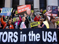 Demonstrators protest against Donald Trump outside of Madison Square Garden in New York, New York on October 27, 2024 as the former Presiden...