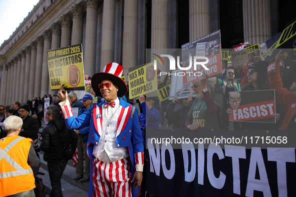 Demonstrators protest against Donald Trump outside of Madison Square Garden in New York, New York on October 27, 2024 as the former Presiden...