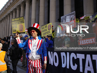 Demonstrators protest against Donald Trump outside of Madison Square Garden in New York, New York on October 27, 2024 as the former Presiden...