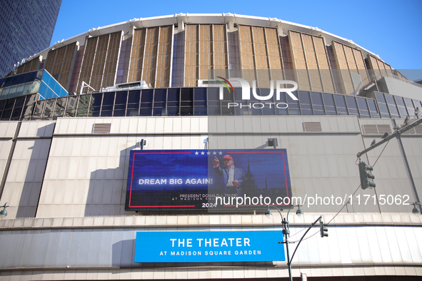 A sign is seen outside of Madison Square Garden in New York, New York on October 27, 2024 as former President Donald Trump holds  a campaign...