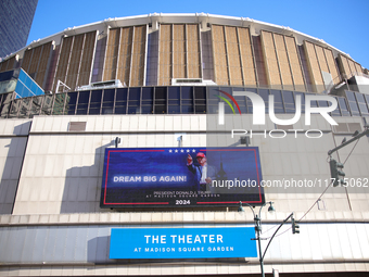 A sign is seen outside of Madison Square Garden in New York, New York on October 27, 2024 as former President Donald Trump holds  a campaign...