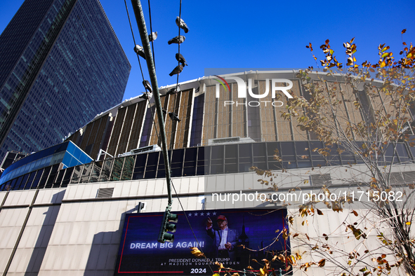 A sign is seen outside of Madison Square Garden in New York, New York on October 27, 2024 as former President Donald Trump holds  a campaign...