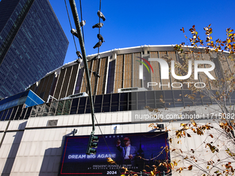 A sign is seen outside of Madison Square Garden in New York, New York on October 27, 2024 as former President Donald Trump holds  a campaign...