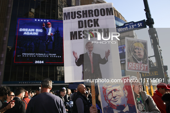 Demonstrators protest against Donald Trump outside of Madison Square Garden in New York, New York on October 27, 2024 as the former Presiden...