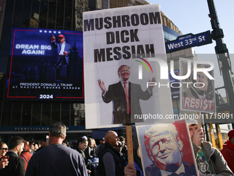 Demonstrators protest against Donald Trump outside of Madison Square Garden in New York, New York on October 27, 2024 as the former Presiden...