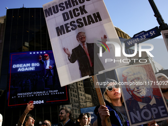 Demonstrators protest against Donald Trump outside of Madison Square Garden in New York, New York on October 27, 2024 as the former Presiden...