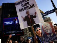 Demonstrators protest against Donald Trump outside of Madison Square Garden in New York, New York on October 27, 2024 as the former Presiden...