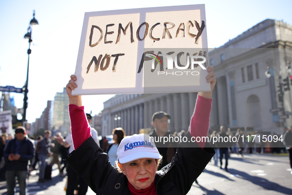 Demonstrators protest against Donald Trump outside of Madison Square Garden in New York, New York on October 27, 2024 as the former Presiden...