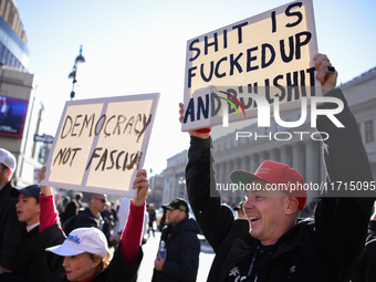 Demonstrators protest against Donald Trump outside of Madison Square Garden in New York, New York on October 27, 2024 as the former Presiden...