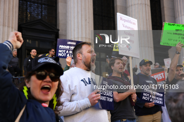 Demonstrators protest against Donald Trump outside of Madison Square Garden in New York, New York on October 27, 2024 as the former Presiden...