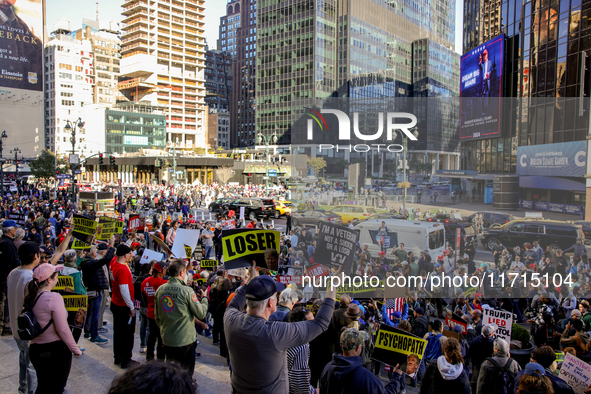 Demonstrators protest against Donald Trump outside of Madison Square Garden in New York, New York on October 27, 2024 as the former Presiden...