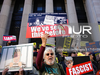 Demonstrators protest against Donald Trump outside of Madison Square Garden in New York, New York on October 27, 2024 as the former Presiden...