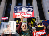 Demonstrators protest against Donald Trump outside of Madison Square Garden in New York, New York on October 27, 2024 as the former Presiden...