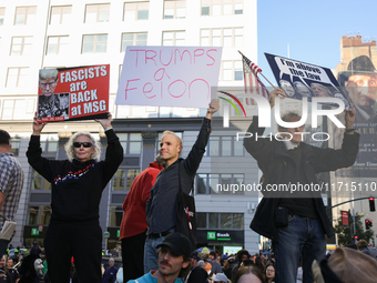 Demonstrators protest against Donald Trump outside of Madison Square Garden in New York, New York on October 27, 2024 as the former Presiden...