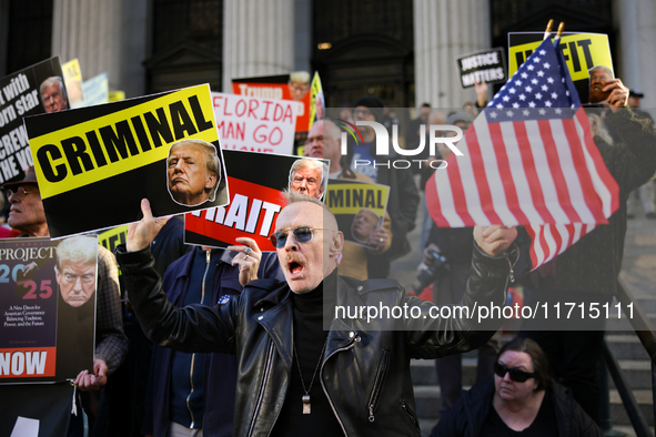 Demonstrators protest against Donald Trump outside of Madison Square Garden in New York, New York on October 27, 2024 as the former Presiden...