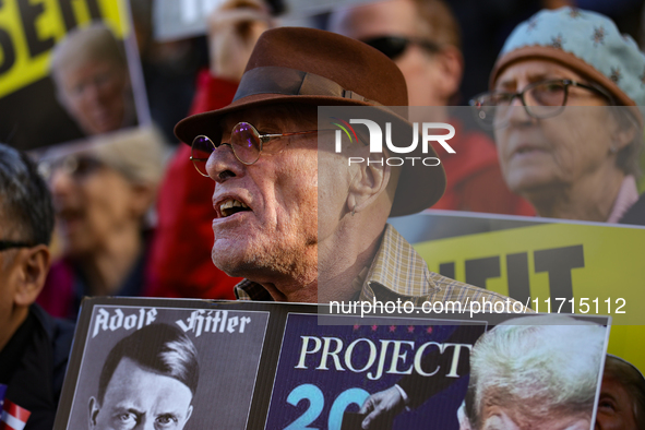 Demonstrators protest against Donald Trump outside of Madison Square Garden in New York, New York on October 27, 2024 as the former Presiden...