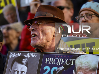 Demonstrators protest against Donald Trump outside of Madison Square Garden in New York, New York on October 27, 2024 as the former Presiden...