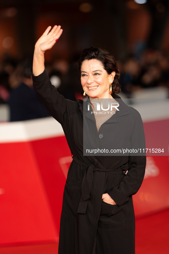 Monica Guerritore attends the ''Vita Da Carlo Terza Stagione'' red carpet during the 19th Rome Film Festival at Auditorium Parco Della Music...