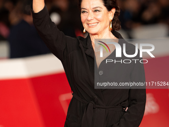 Monica Guerritore attends the ''Vita Da Carlo Terza Stagione'' red carpet during the 19th Rome Film Festival at Auditorium Parco Della Music...