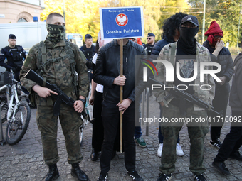 A counter-demonstration organized by the All-Polish Youth takes place during the protest against the suspension of asylum law under the slog...