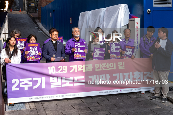 A press conference takes place near Exit 1 of Itaewon Station in Yongsan-gu, Seoul, South Korea, on October 28, 2024, to open the ''Path of...