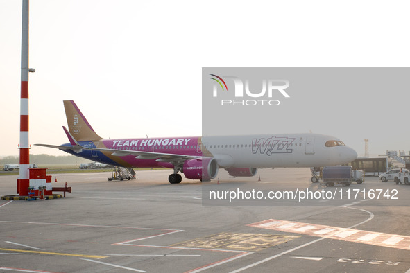 A Wizz airplane is at Budapest airport in Hungary on October 27, 2024. 