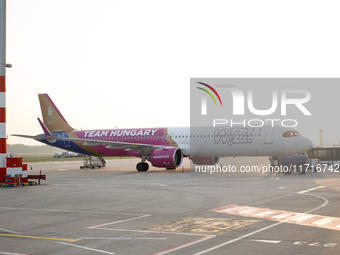 A Wizz airplane is at Budapest airport in Hungary on October 27, 2024. (