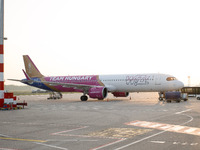 A Wizz airplane is at Budapest airport in Hungary on October 27, 2024. (