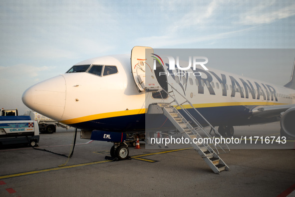 A Ryanair airplane is at Budapest airport in Hungary on October 27, 2024. 