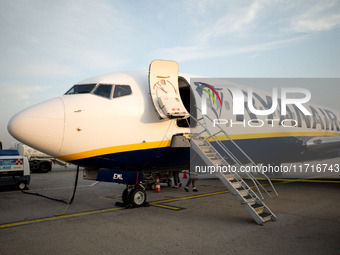 A Ryanair airplane is at Budapest airport in Hungary on October 27, 2024. (