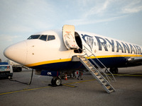 A Ryanair airplane is at Budapest airport in Hungary on October 27, 2024. (