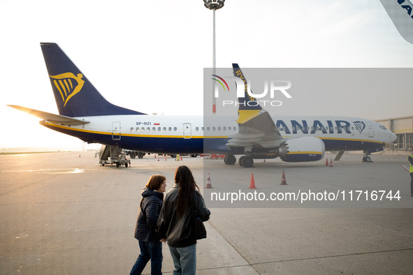 A Ryanair airplane is at Budapest airport in Hungary on October 27, 2024. 