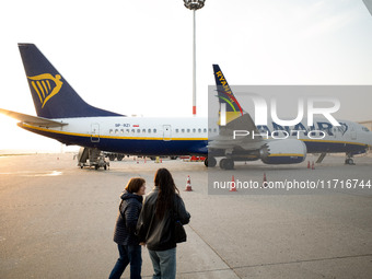 A Ryanair airplane is at Budapest airport in Hungary on October 27, 2024. (