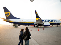 A Ryanair airplane is at Budapest airport in Hungary on October 27, 2024. (