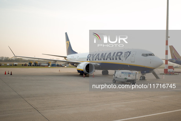 A Ryanair airplane is at Budapest airport in Hungary on October 27, 2024. 