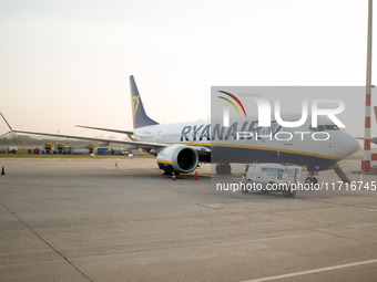 A Ryanair airplane is at Budapest airport in Hungary on October 27, 2024. (