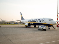 A Ryanair airplane is at Budapest airport in Hungary on October 27, 2024. (