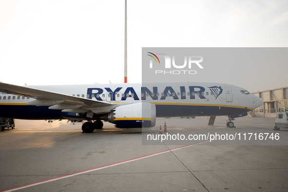 A Ryanair airplane is at Budapest airport in Hungary on October 27, 2024. 