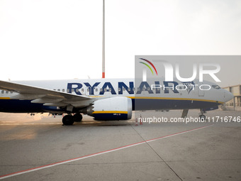 A Ryanair airplane is at Budapest airport in Hungary on October 27, 2024. (