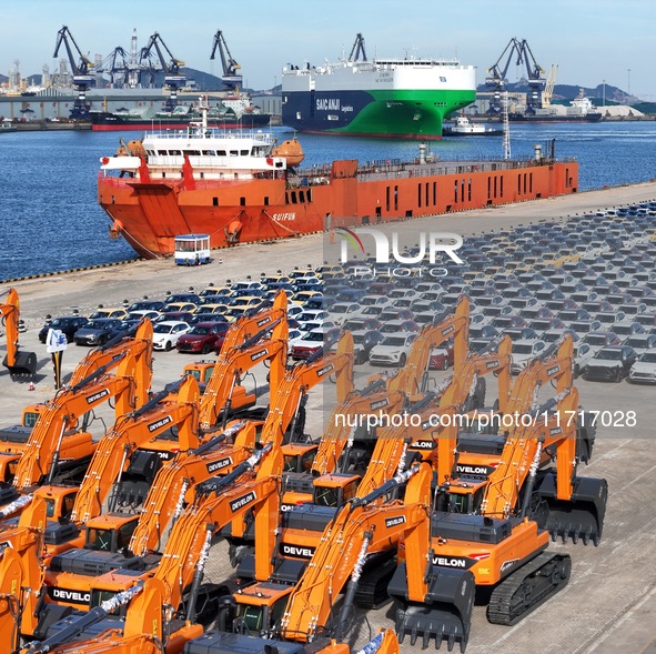 Chinese domestic cars gather at Yantai Port in Shandong Province, China, on October 28, 2024, and are exported via car transport ships. 